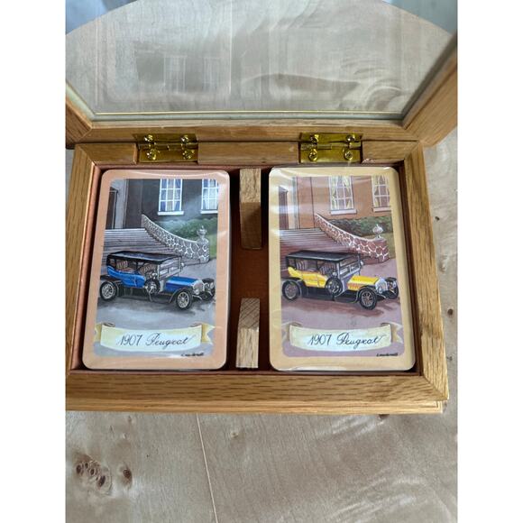 Vintage Wooden Card Box w/ 1907 Peugeot Decks • Retro Game Night Decor - Picture 2 of 5